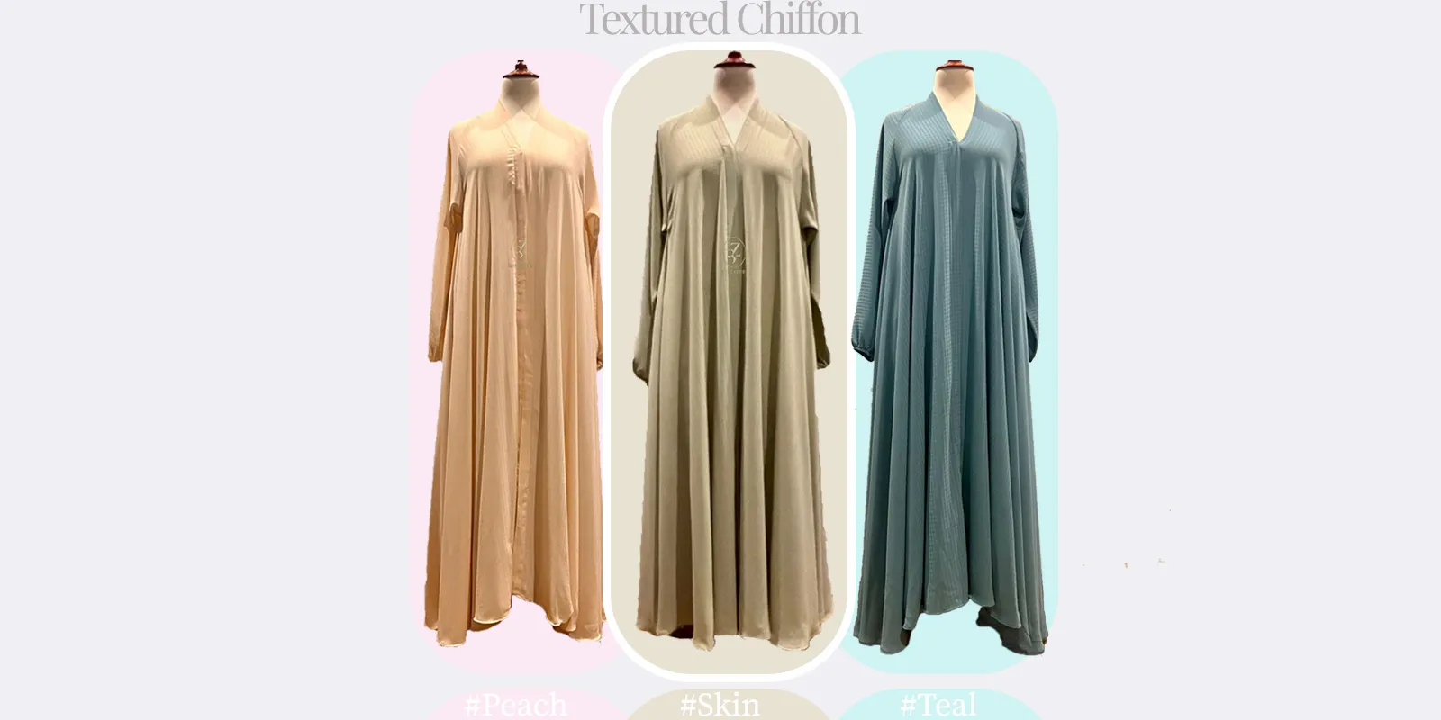 textured chiffon abaya, teal, skin and peach