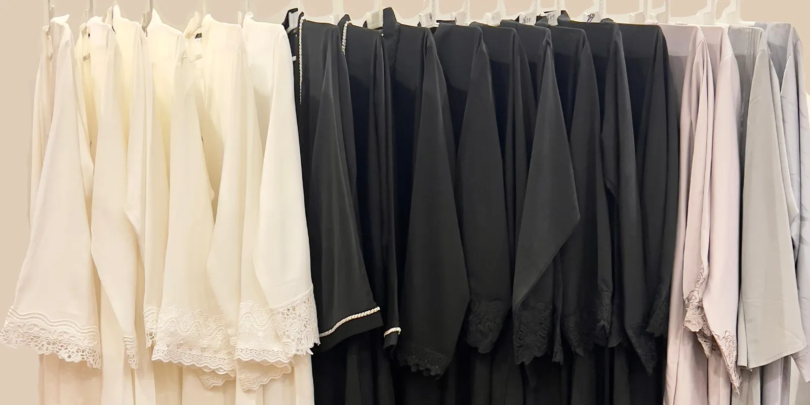 black, white and grey premium turkish abays with detaling on sleeves