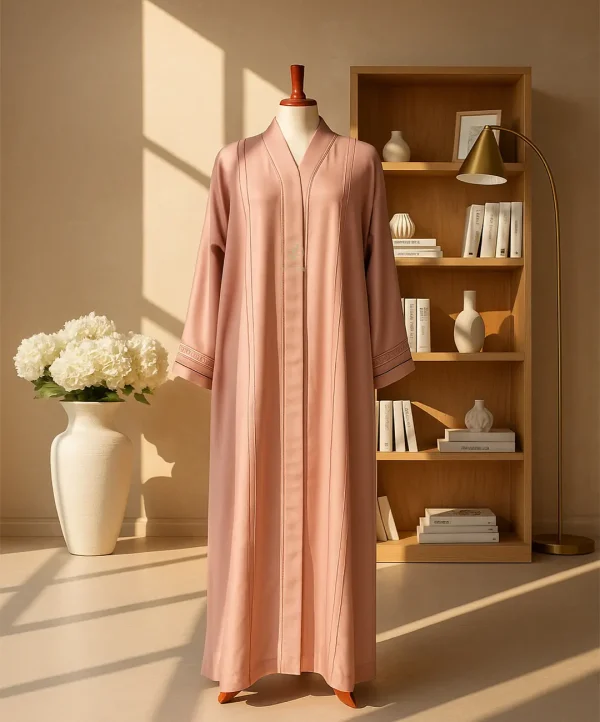 full length view of peach stone work abaya
