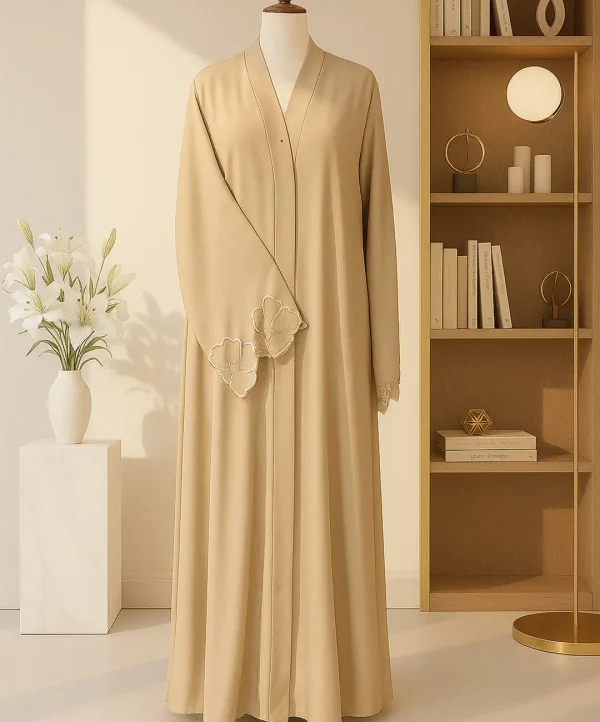 Beige Floral Embroidered Abaya