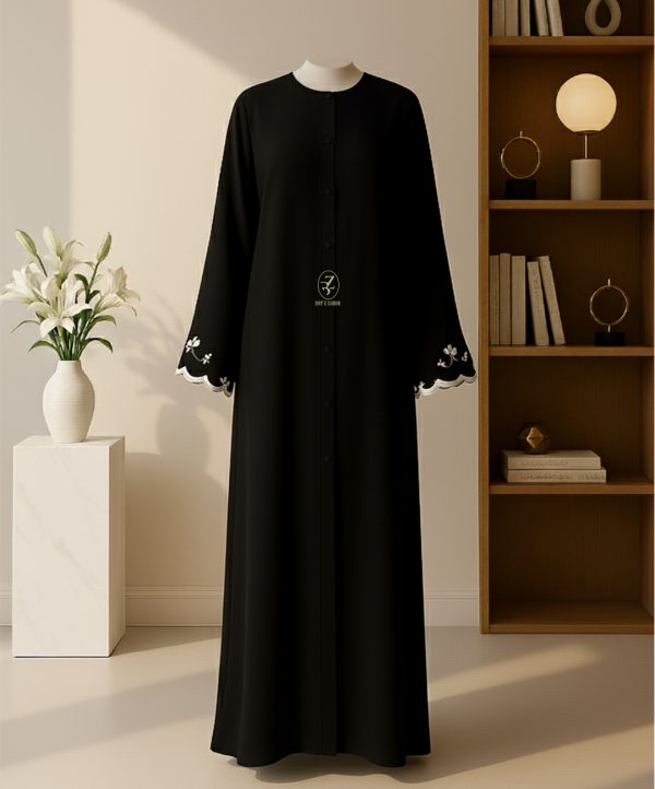 full length view of black and sage embroidered scallop abaya