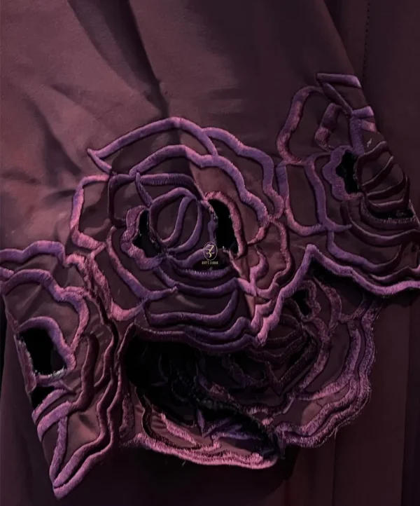 Maroon-Rosette-Embroidered-Abaya-closeup-sleeve-view close up sleeves view of maroon rosette embroidered abaya