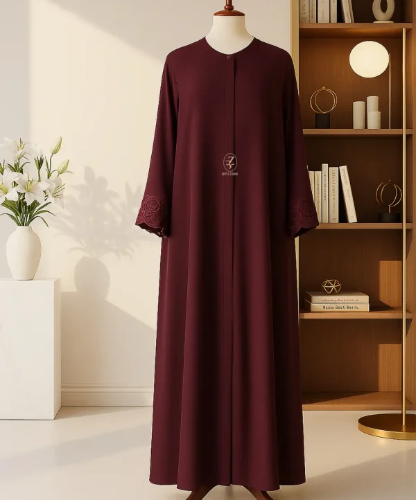 full length view of maroon rosette embroidered abaya