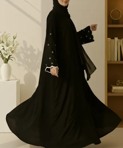 Black-and-Sage-Embroidered-&-Scallop-Abaya-model-photoshoot-professional