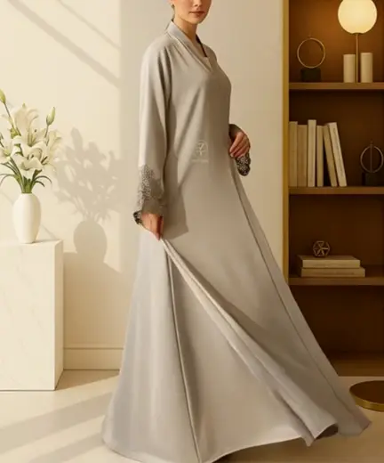 Wool-Grey-Abaya-full-length-view-model-photoshoot-professional